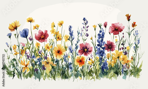 Colorful wildflowers garden with watercolor effect, floral arrangement, nature vector