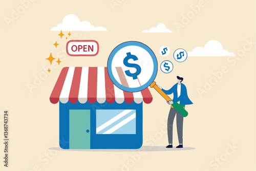 Business evaluation, analyze company worth or market value, merger and acquisition to determine corporate valuation, revenue profit or earning concept, businessman evaluate company with dollar money.