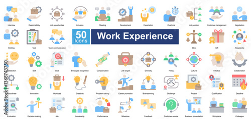 Work Experience icon set in flat color style, featuring 50 icons of career growth, job roles, teamwork, and professional skills. Perfect for HR, employee training, and workplace management.