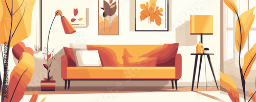 Cozy autumn living room with yellow sofa and fall decor - vector