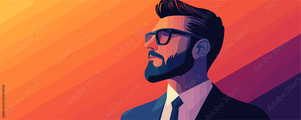 Stylish bearded man in sunglasses looking upward on gradient background, vector
