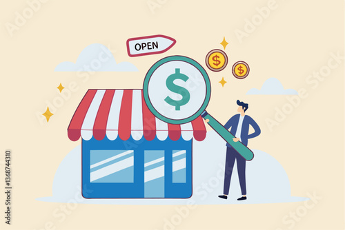 Business evaluation, analyze company worth or market value, merger and acquisition to determine corporate valuation, revenue profit or earning concept, businessman evaluate company with dollar money.