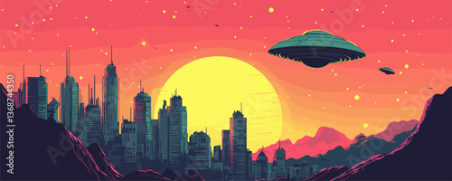Futuristic cityscape with flying ufos at sunset, surreal sci-fi landscape - vector