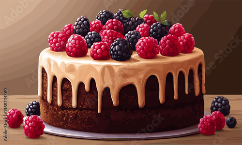 Chocolate cake with berries and dripping icing on wooden table vector