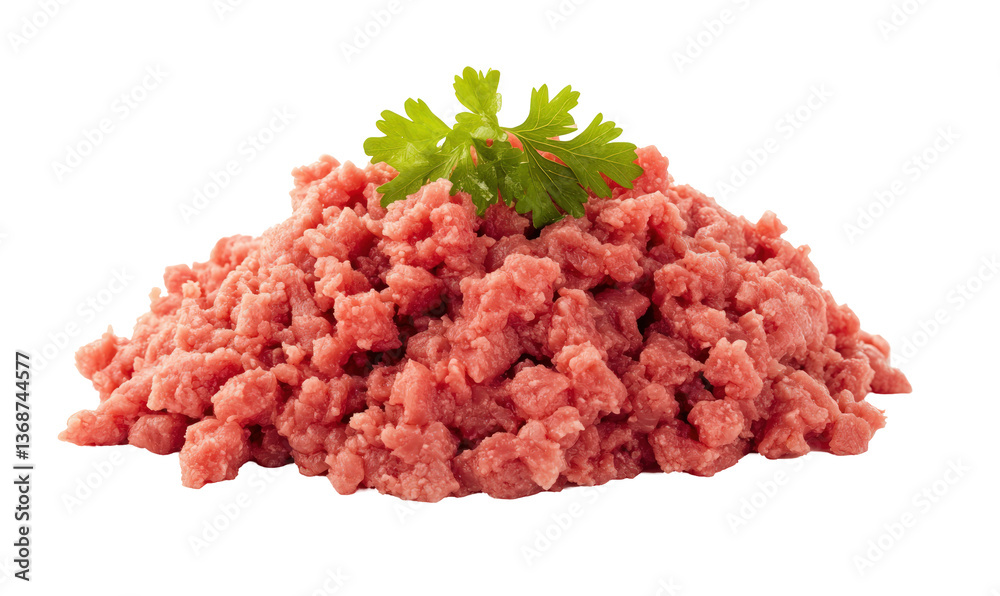 Fresh ground meat with parsley garnish, ideal for cooking Fresh ground meat with parsley garnish, ideal for cooking