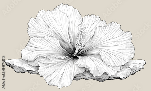 Detailed hibiscus blossom on stone surface, black and white vector