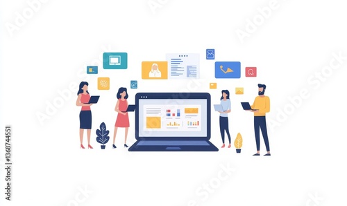 Happy people, laptop and meeting, marketing team and workflow at digital agency, creative group and research. Man, women and diversity, business and work together, senior leader and brand