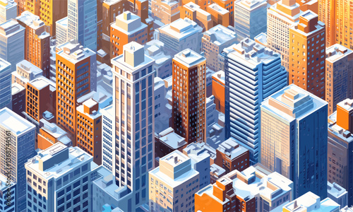 Snow-covered urban skyscrapers in wintery cityscape – vector