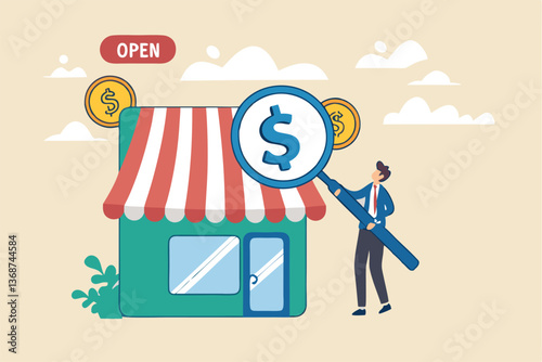 Business evaluation, analyze company worth or market value, merger and acquisition to determine corporate valuation, revenue profit or earning concept, businessman evaluate company with dollar money.