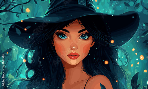 Enchanting woman with hat in magical forest setting, glowing fireflies - vector