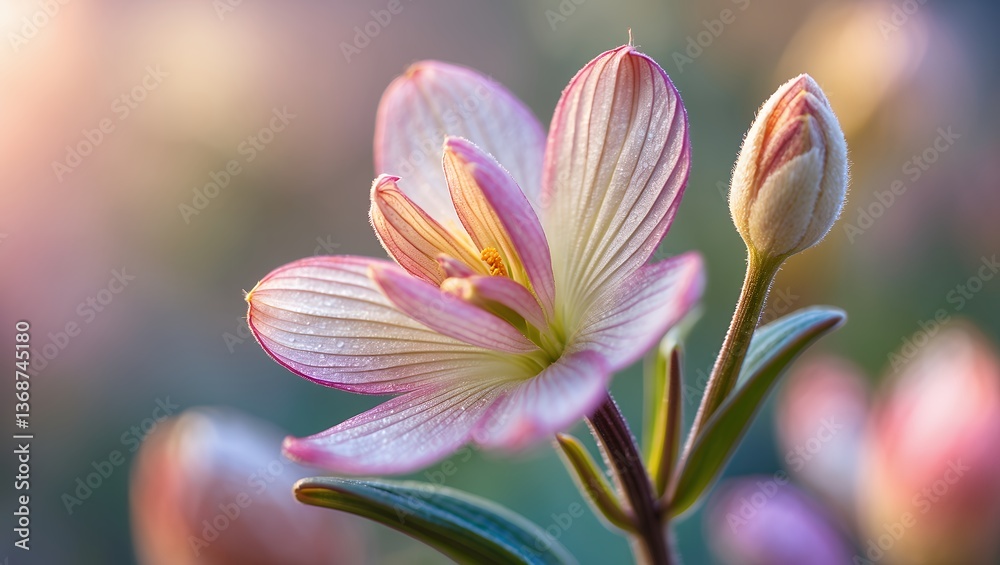 Fototapeta premium Close-up of a delicate pink flower with a closed bud, bathed in sunlight