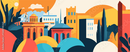 Colorful cityscape with historical buildings and nature elements - vector