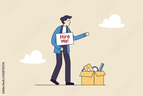 Hire me looking for job, unemployed or layoff employee, candidate searching for new work career, job seeker or applicant find vacancy concept, unemployed businessman holding sign hire me to employer.