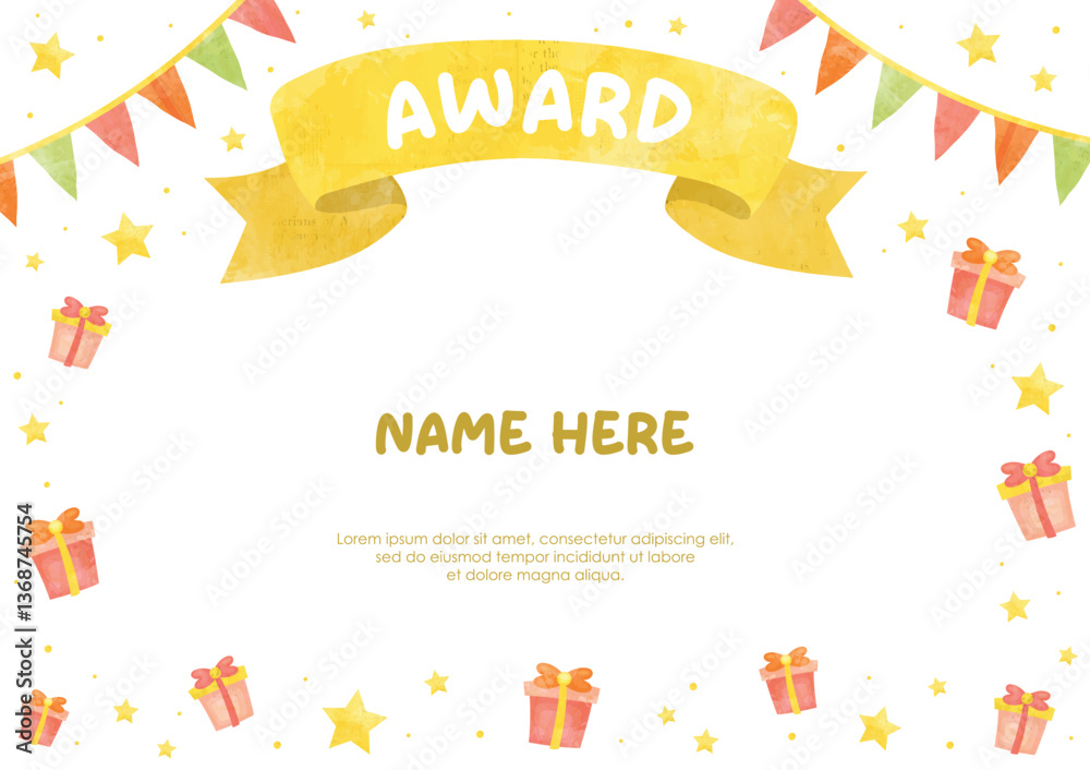 Kids children award certificate background with cute ribbon banner and beautiful frame border for competition study participation graduation event print template layout design