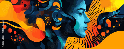Colorful abstract portrait with vibrant patterns and textures, vector art