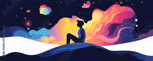 Silhouette of a man stargazing amidst a vibrant night sky - vector