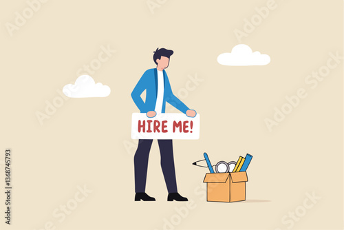 Hire me looking for job, unemployed or layoff employee, candidate searching for new work career, job seeker or applicant find vacancy concept, unemployed businessman holding sign hire me to employer.
