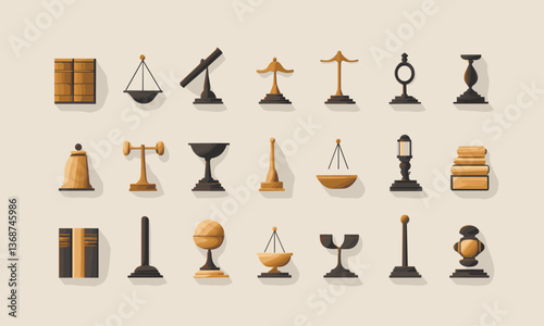 Set of justice and legal icons with scales and books on beige background vector