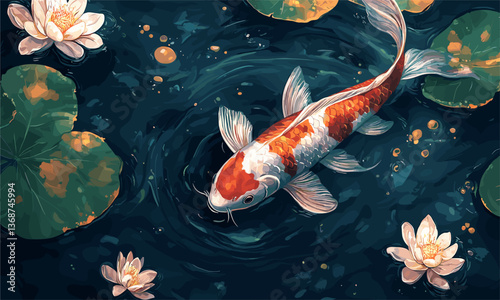 Colorful koi fish and water lilies in tranquil pond, artistic design vector