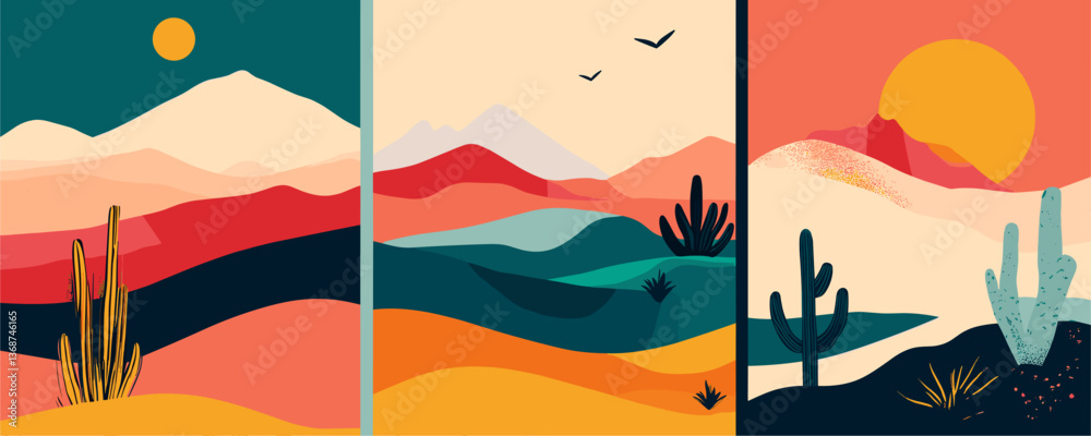 Abstract desert landscape with cacti and mountains at sunset triptych vector