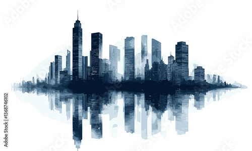Futuristic cityscape with skyline reflection on water surface, black and white vector