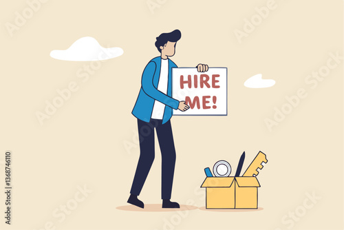 Hire me looking for job, unemployed or layoff employee, candidate searching for new work career, job seeker or applicant find vacancy concept, unemployed businessman holding sign hire me to employer.