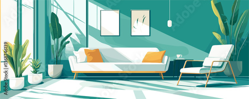 Modern living room with green accents and sunlight, cozy interior design vector