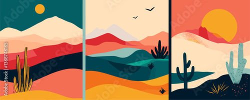 Obraz na płótnie Abstract desert landscape with cacti and mountains at sunset triptych vector w salonie