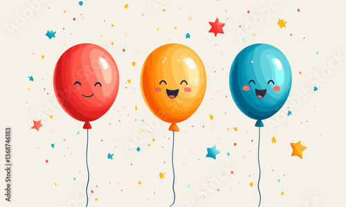 Colorful happy balloons with smiling faces on confetti background – vector