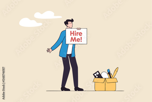 Hire me looking for job, unemployed or layoff employee, candidate searching for new work career, job seeker or applicant find vacancy concept, unemployed businessman holding sign hire me to employer.