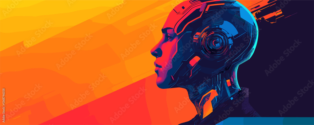 Futuristic robot head profile with vibrant colors in a digital art vector