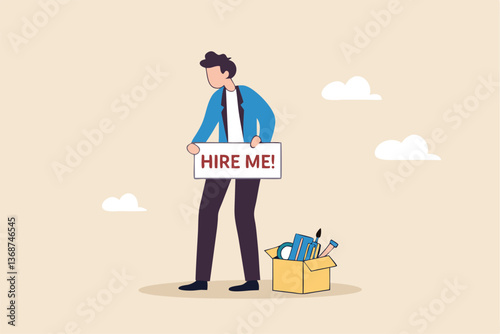 Hire me looking for job, unemployed or layoff employee, candidate searching for new work career, job seeker or applicant find vacancy concept, unemployed businessman holding sign hire me to employer.