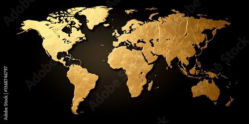 Golden world map on black background.