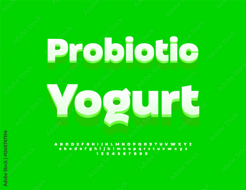 Vector Healthy label Probiotic Yogurt. Classic 3D Font. Fashion White Alphabet Letters and Numbers set. Vector Healthy label Probiotic Yogurt. Classic 3D Font. Fashion White Alphabet Letters and Numbers set.