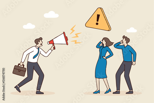 Shouting warning message, caution or alert attention, safety or danger announcement, risk or important information, beware or careful sign, businessman shouting on megaphone with exclamation sign.