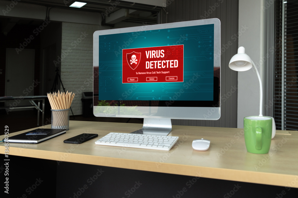 Virus warning alert on computer screen detected modish cyber threat , hacker, computer virus and malware Virus warning alert on computer screen detected modish cyber threat , hacker, computer virus and malware