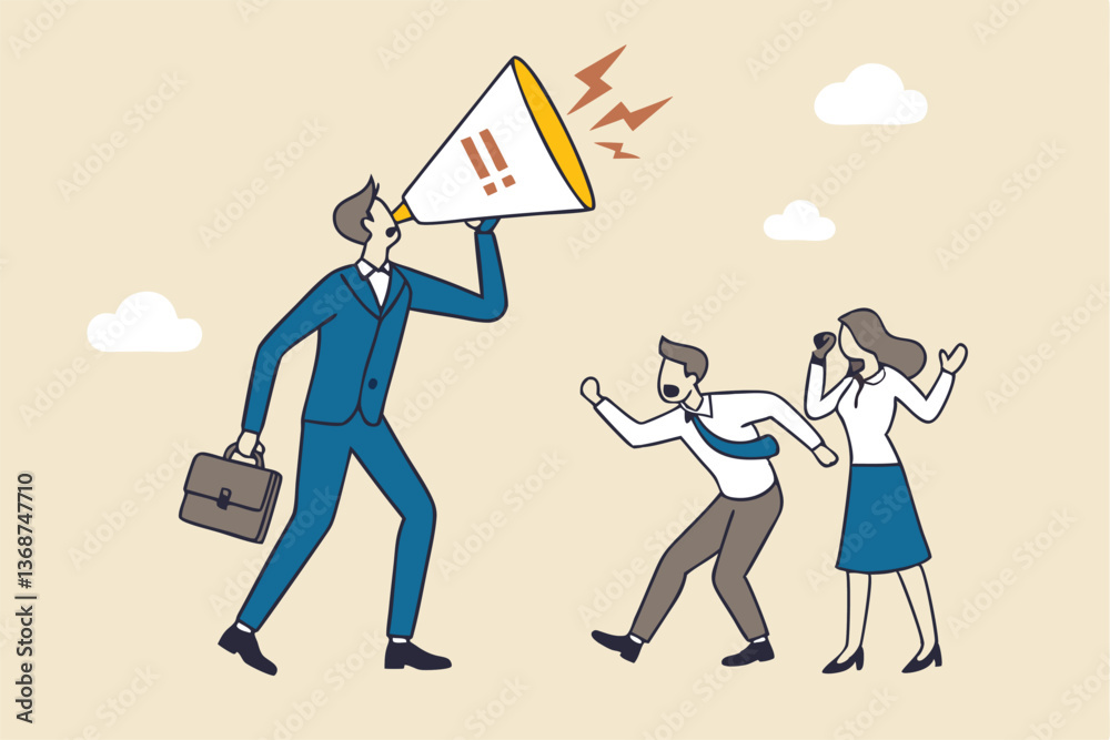 Shouting warning message, caution or alert attention, safety or danger announcement, risk or important information, beware or careful sign, businessman shouting on megaphone with exclamation sign.