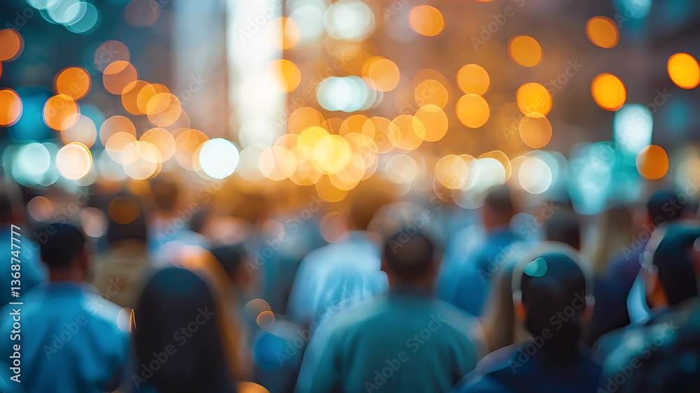 Crowd walking at night with blurred bokeh city lights in background atmosphere Crowd walking at night with blurred bokeh city lights in background atmosphere