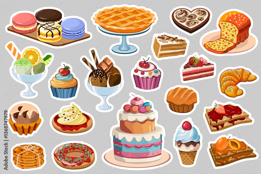 Collection of stickers and decals with desserts.Vector color set of sweet desserts in stickers and decals on a gray background. Collection of stickers and decals with desserts.Vector color set of sweet desserts in stickers and decals on a gray background.
