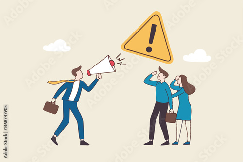 Shouting warning message, caution or alert attention, safety or danger announcement, risk or important information, beware or careful sign, businessman shouting on megaphone with exclamation sign.
