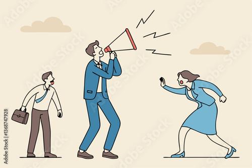 Shouting warning message, caution or alert attention, safety or danger announcement, risk or important information, beware or careful sign, businessman shouting on megaphone with exclamation sign.