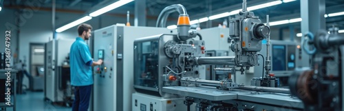 Technician monitors injection molding machine gauges. Plastic components manufacturing process in industrial plant. Specialist controls temperature, pressure. Automation engineering, product quality