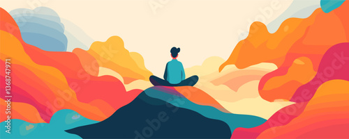 Meditative serenity: person in tranquil, colorful mountain scenery - vector