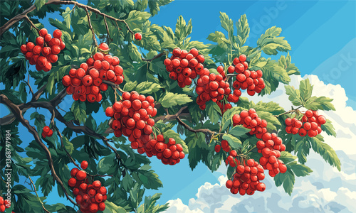 Lush rowan tree branch with red berries against blue sky and clouds - vector