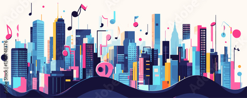 Colorful music-themed cityscape with musical notes and buildings - vector