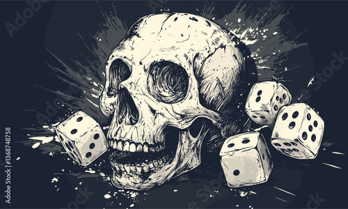 Realistic skull and dice with grunge background - vector