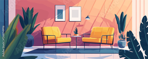 Modern living room interior with yellow chairs and plants - vector