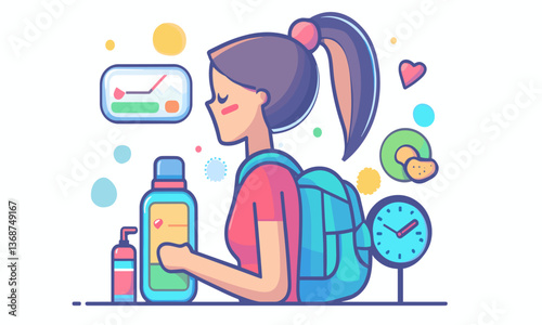 Young woman with backpack and fitness items in modern design vector