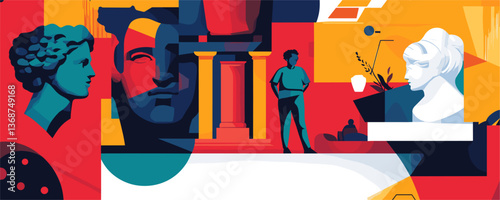 Abstract geometric art featuring classical sculptures and architecture - vector