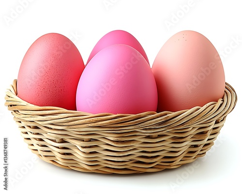 Pink Easter eggs in a wicker basket.